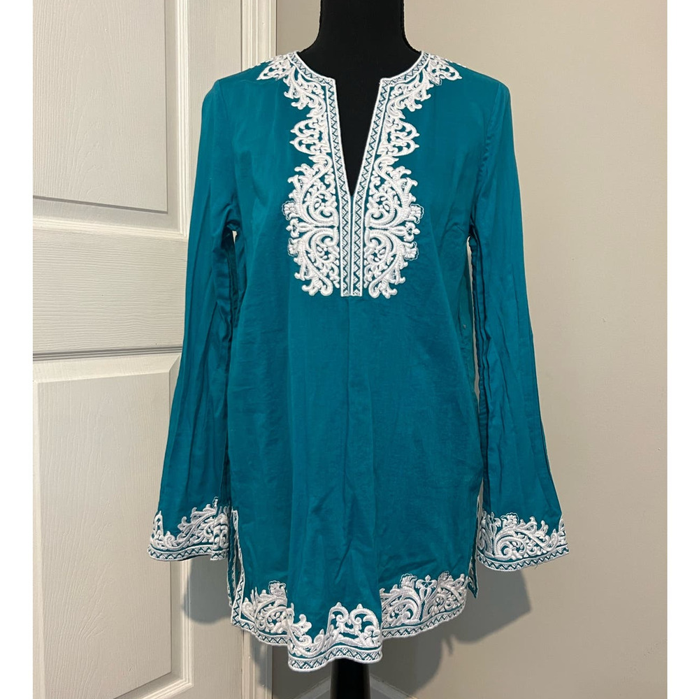 MICHAEL KORS‎ Teal And White Embroidered Tunic  Blouse Lightweight Cotton Size M